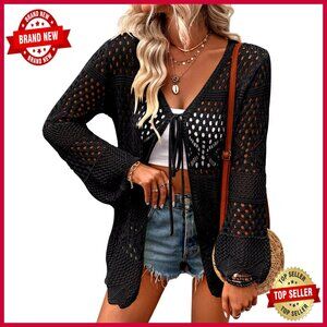 Lightweight Crochet Cardigan Tie Front Hollow Out Long Sleeve Knitted Cover Up